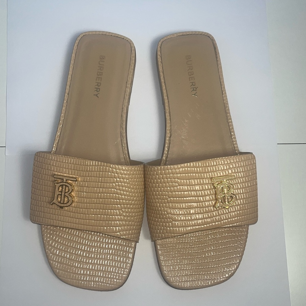 Burberry Tan Embossed Leather B Logo Flat Slide Sandals for Women